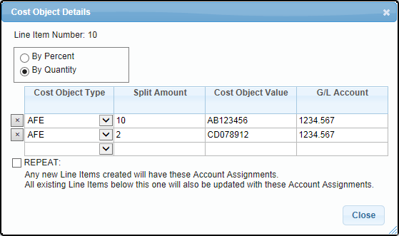 Entering Cost Object Details at the Line Item Level